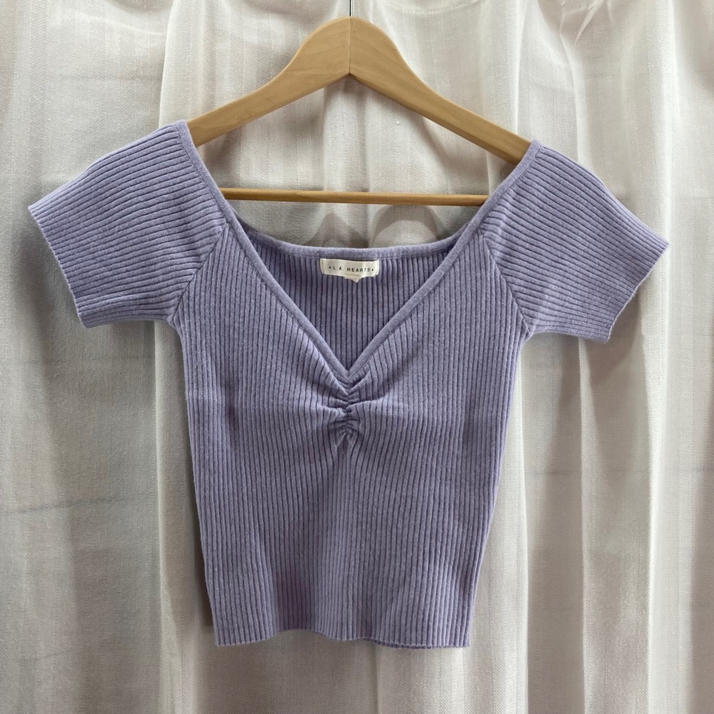 LA Hearts Ribbed V Neck Ruched Cropped Top Lilac Purple‎ Size Medium